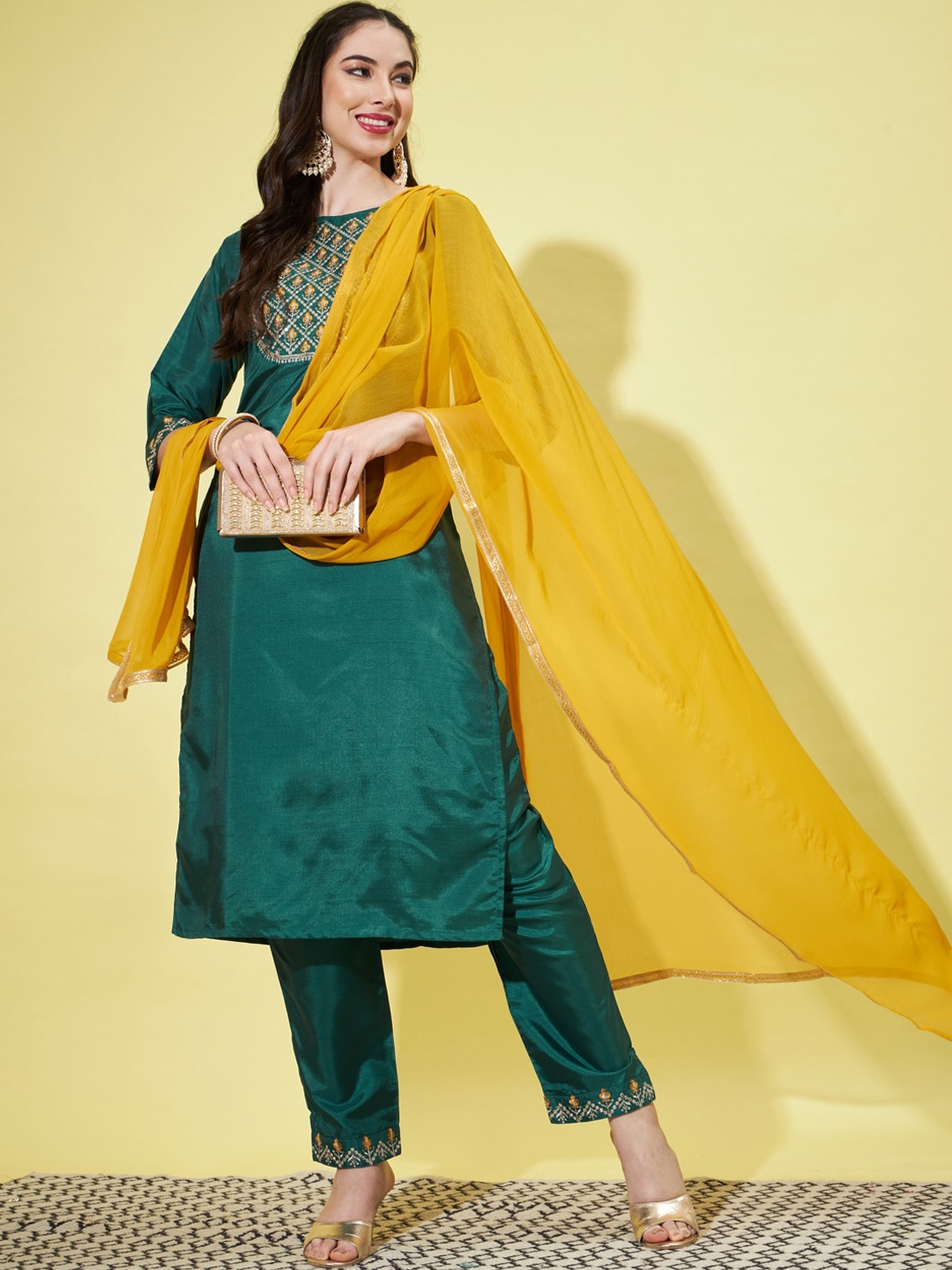 

VredeVogel Ethnic Motifs Yoke Design Thread Work Straight Kurta With Trouser & Dupatta, Green