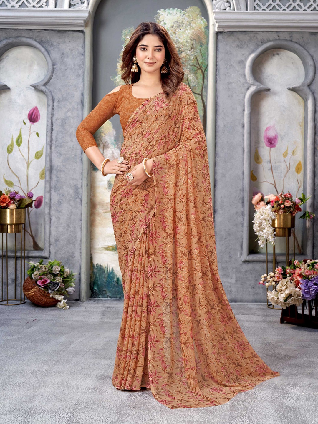 

Mitera Floral Printed Saree, Orange