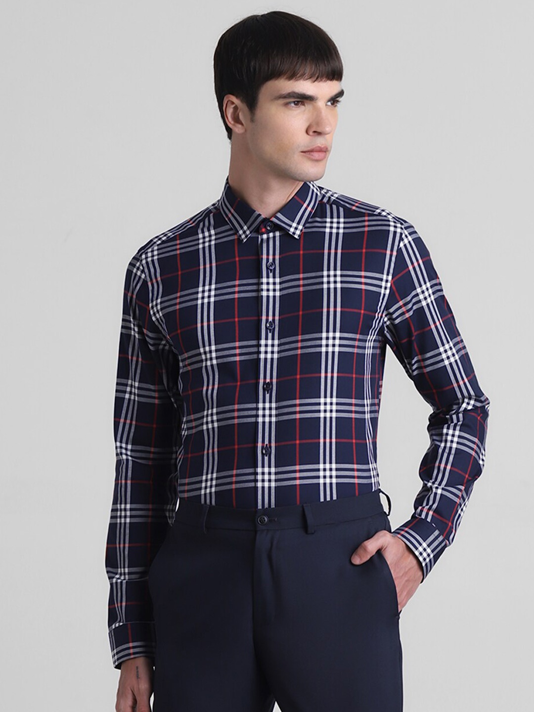 

Jack & Jones Slim Fit Tartan Checked Spread Collar Casual Shirt, Navy blue