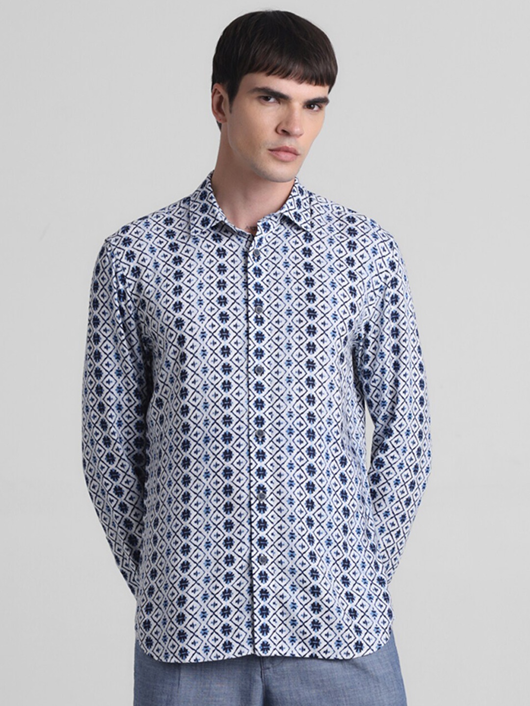 

Jack & Jones Slim Fit Printed Cotton Linen Casual Shirt, Blue