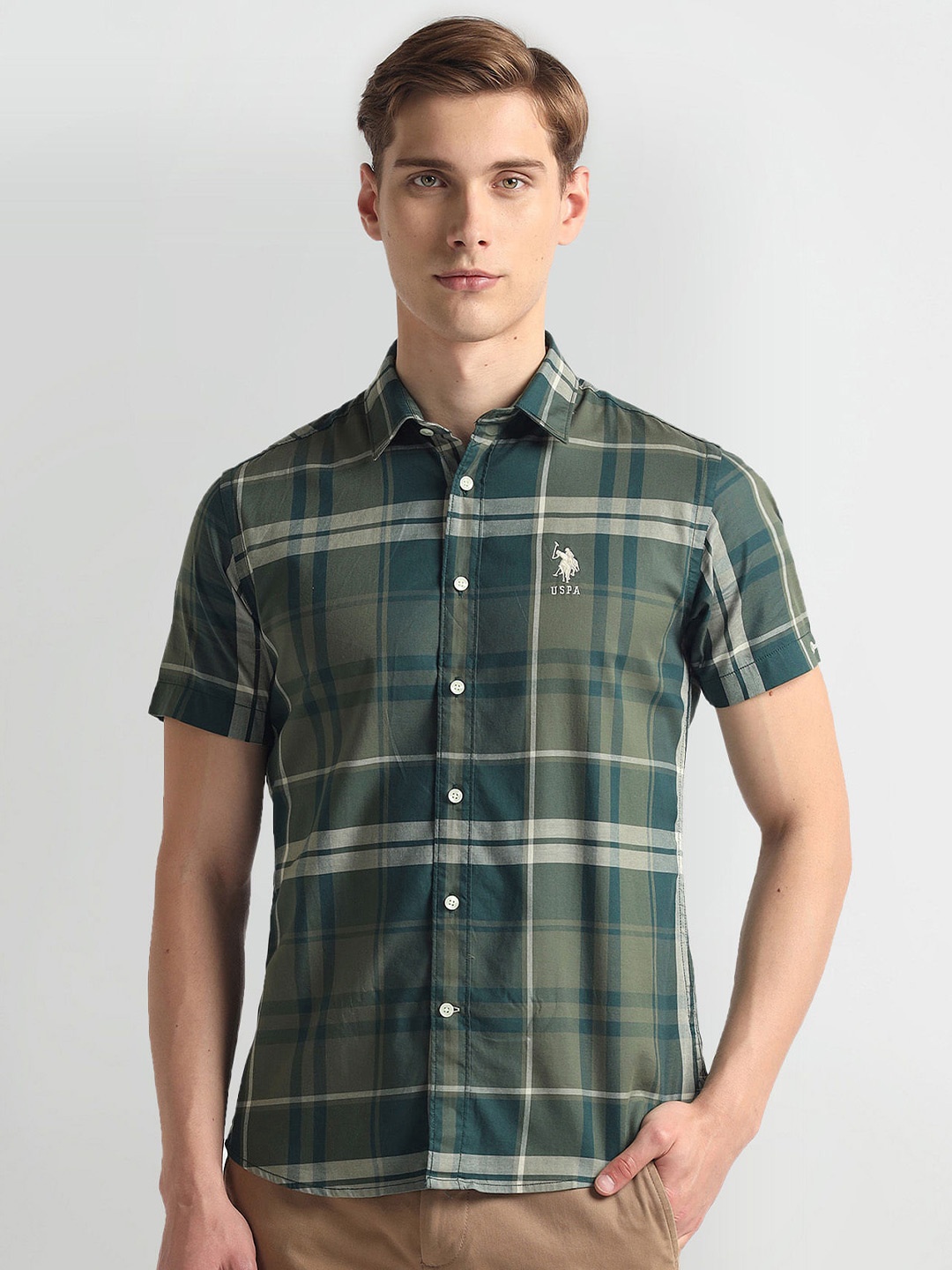 

U.S. Polo Assn. Denim Co. Slim Fit Tartan Checked Spread Collar Twill Casual Shirt, Green