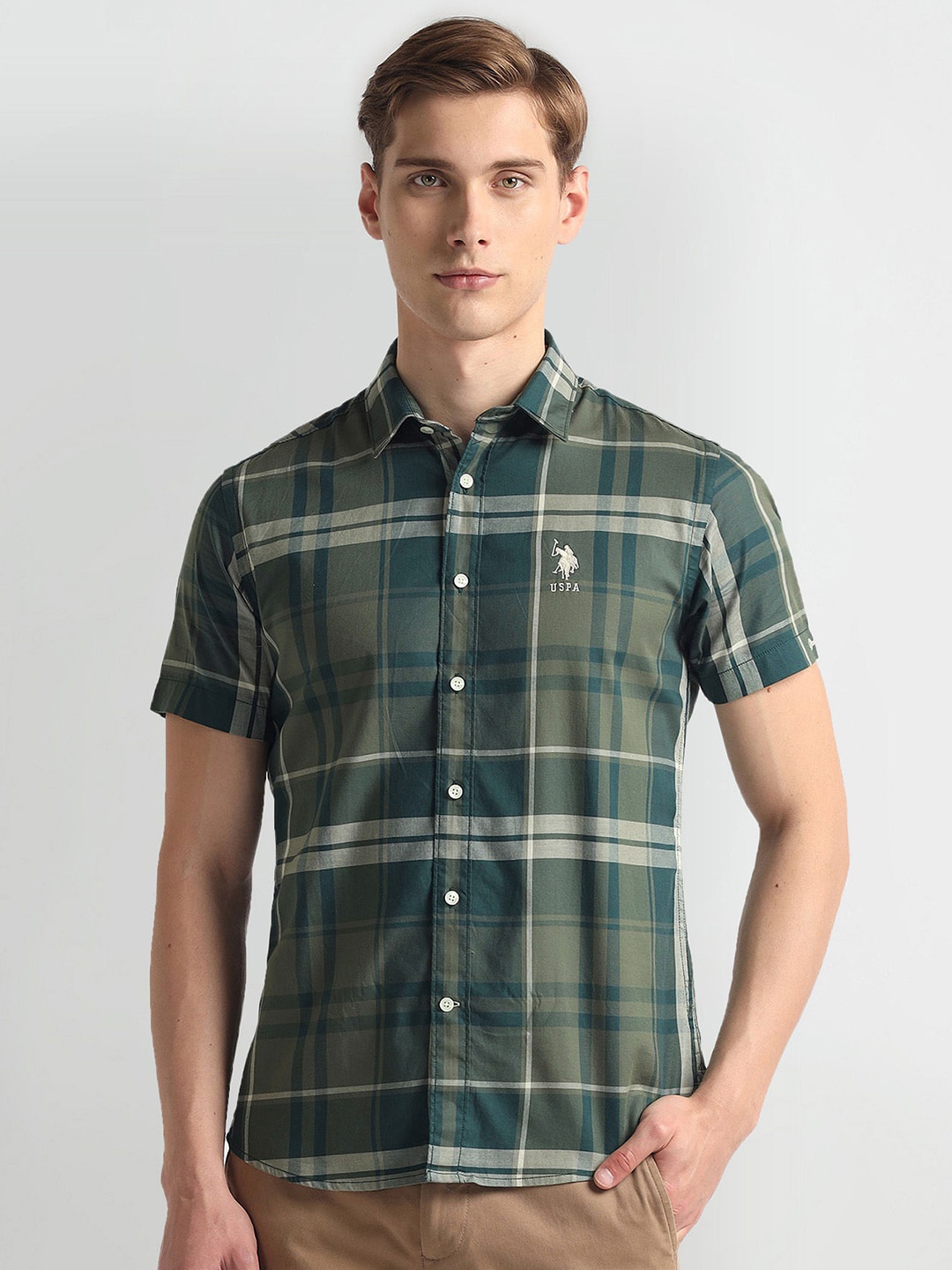 

U.S. Polo Assn. Denim Co. Slim Fit Tartan Checked Spread Collar Twill Casual Shirt, Green