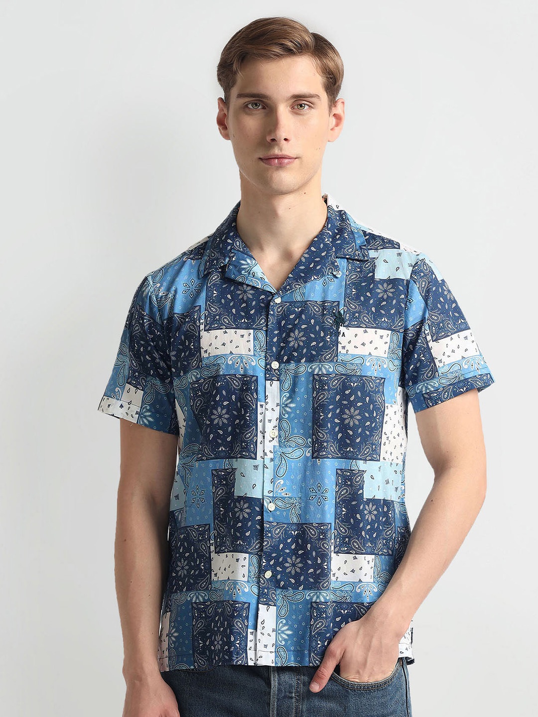 

U.S. Polo Assn. Denim Co. Slim Fit Ethnic Motifs Printed Cuban Collar Twill Casual Shirt, Blue