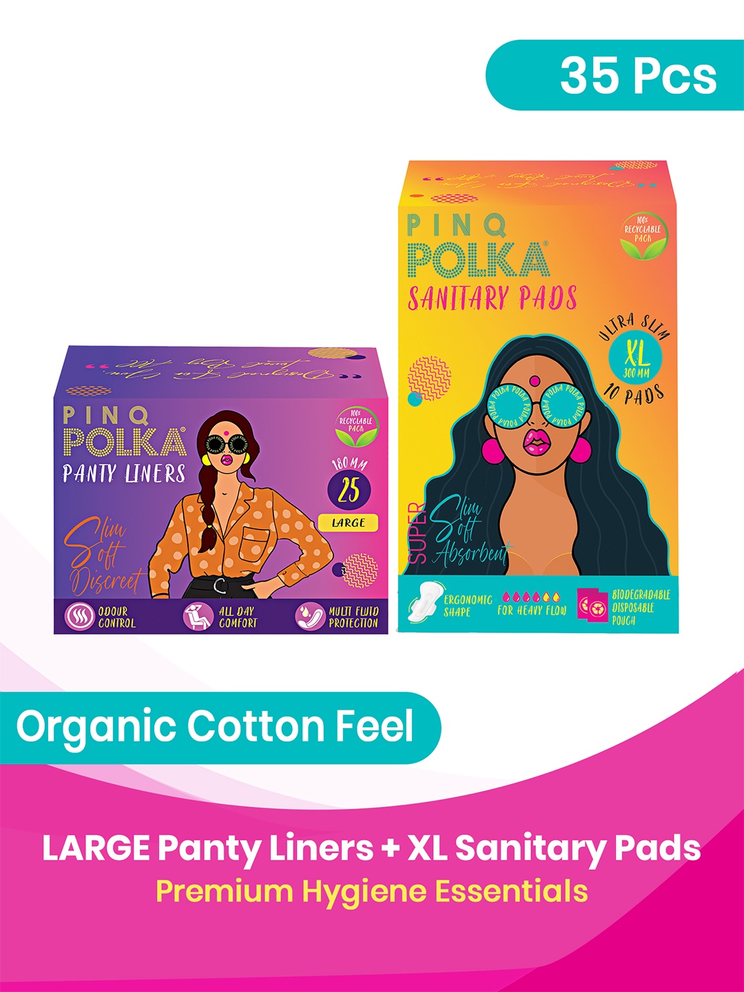 

PINQ POLKA Set of 2 Premium Organic XL Sanitary Pads & L Pantyliners-10 Pcs+25Pcs, White