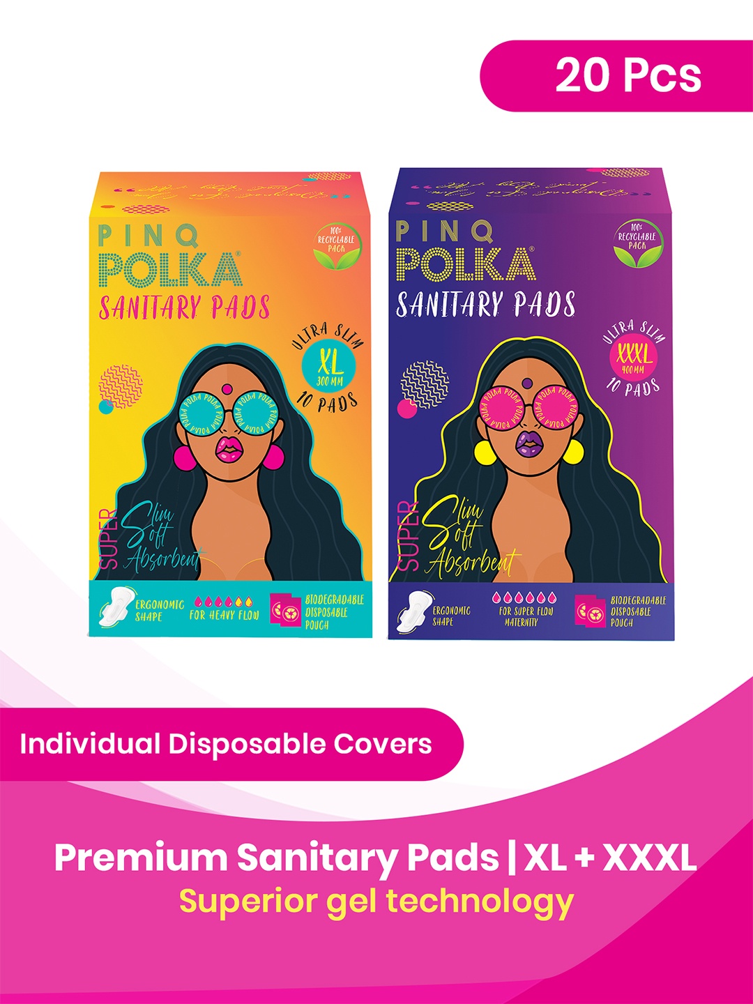 

PINQ POLKA Set of 2 Premium Organic Ultra Thin XL & XXXL Sanitary Pads, White