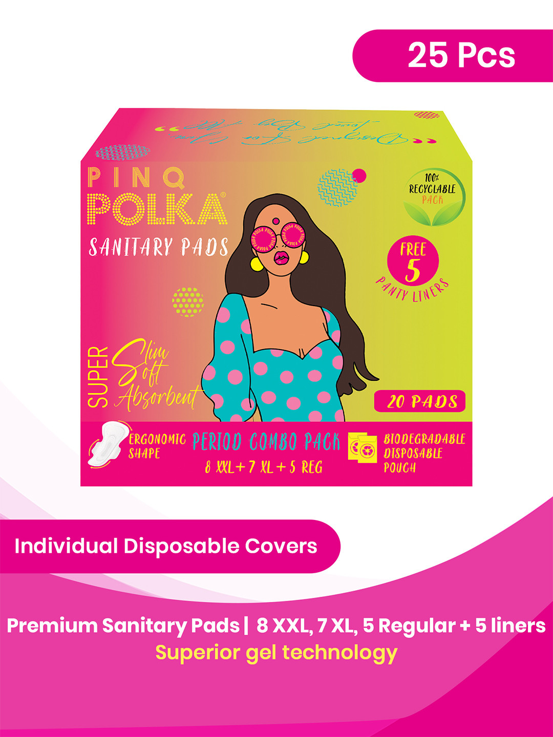 

PINQ Polka Set Of 2 Premium Ultra Cotton Feel Sanitary Pads - 20Pcs Each XXL & XL, White