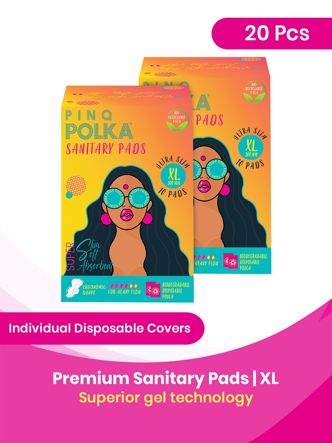 

PINQ POLKA Set of 2 Premium Ultra Cotton Feel Sanitary Pads - XL- 10 Pcs each, Yellow