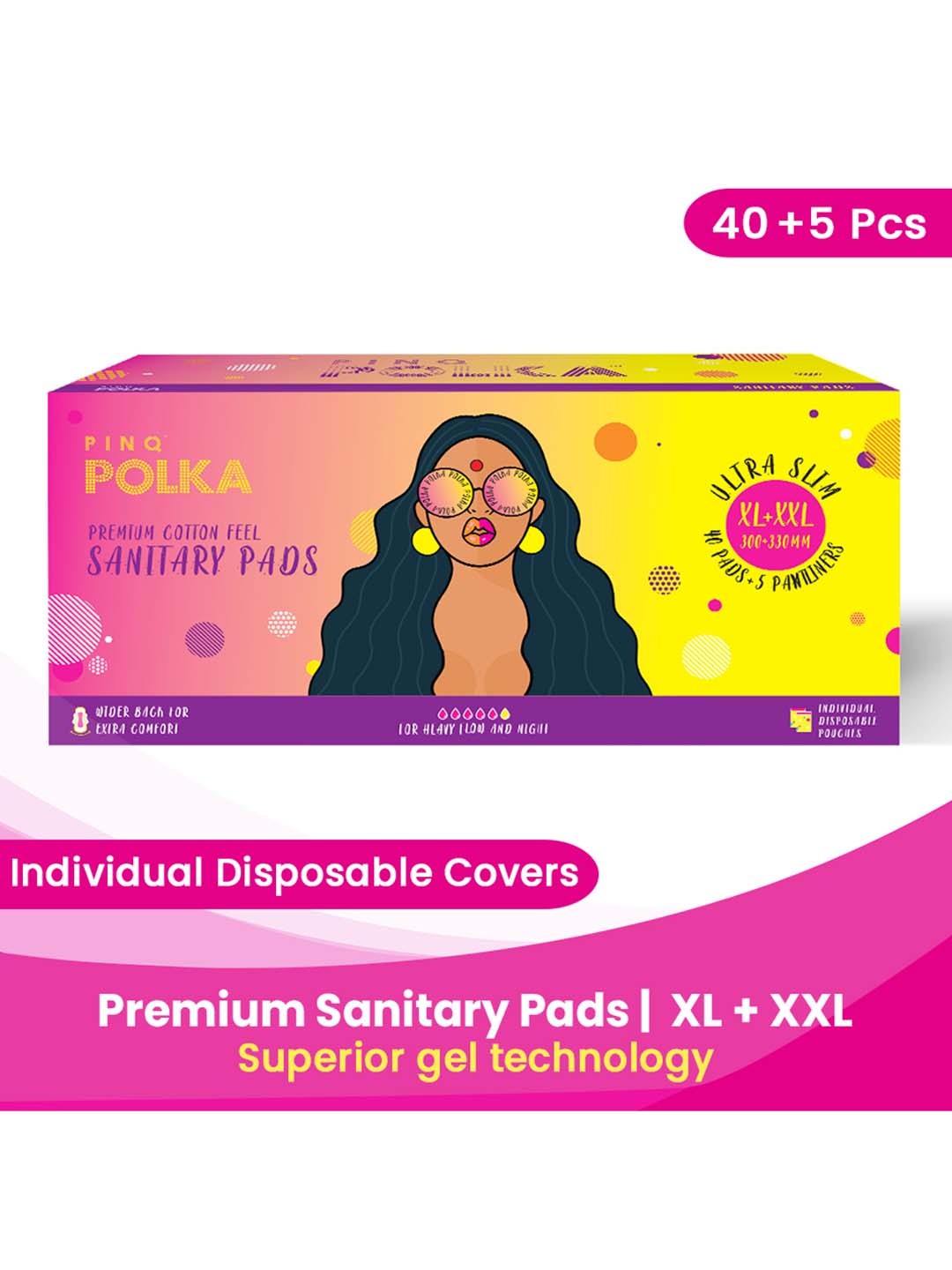 

PINQ Polka Premium Ultra Cotton Feel Sanitary Pads - 20Pcs Each XXL & XL, White