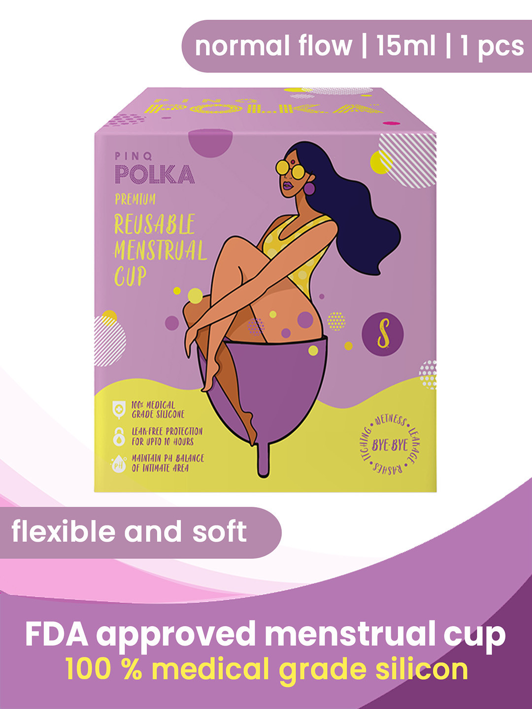 

PINQ Polka 100% Medical Grade Silicone Reusable Menstrual Cup 15 ml - Size S, Purple