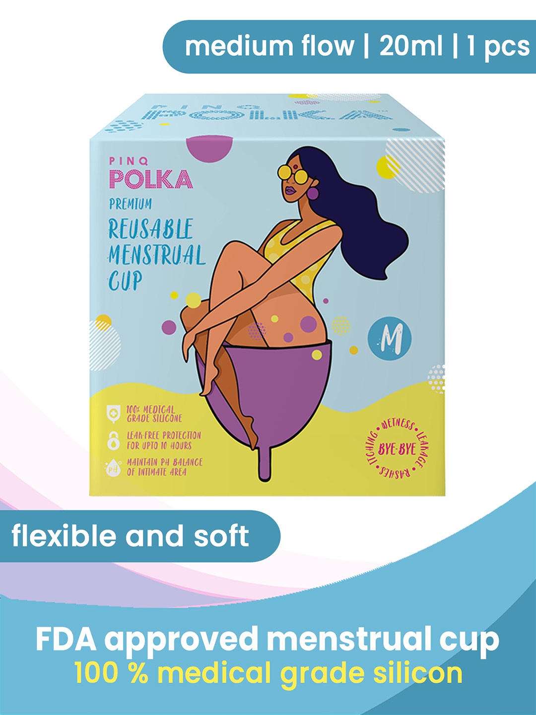 

PINQ Polka 100% Medical Grade Silicone Reusable Menstrual Cup 20 ml - Size M, Blue