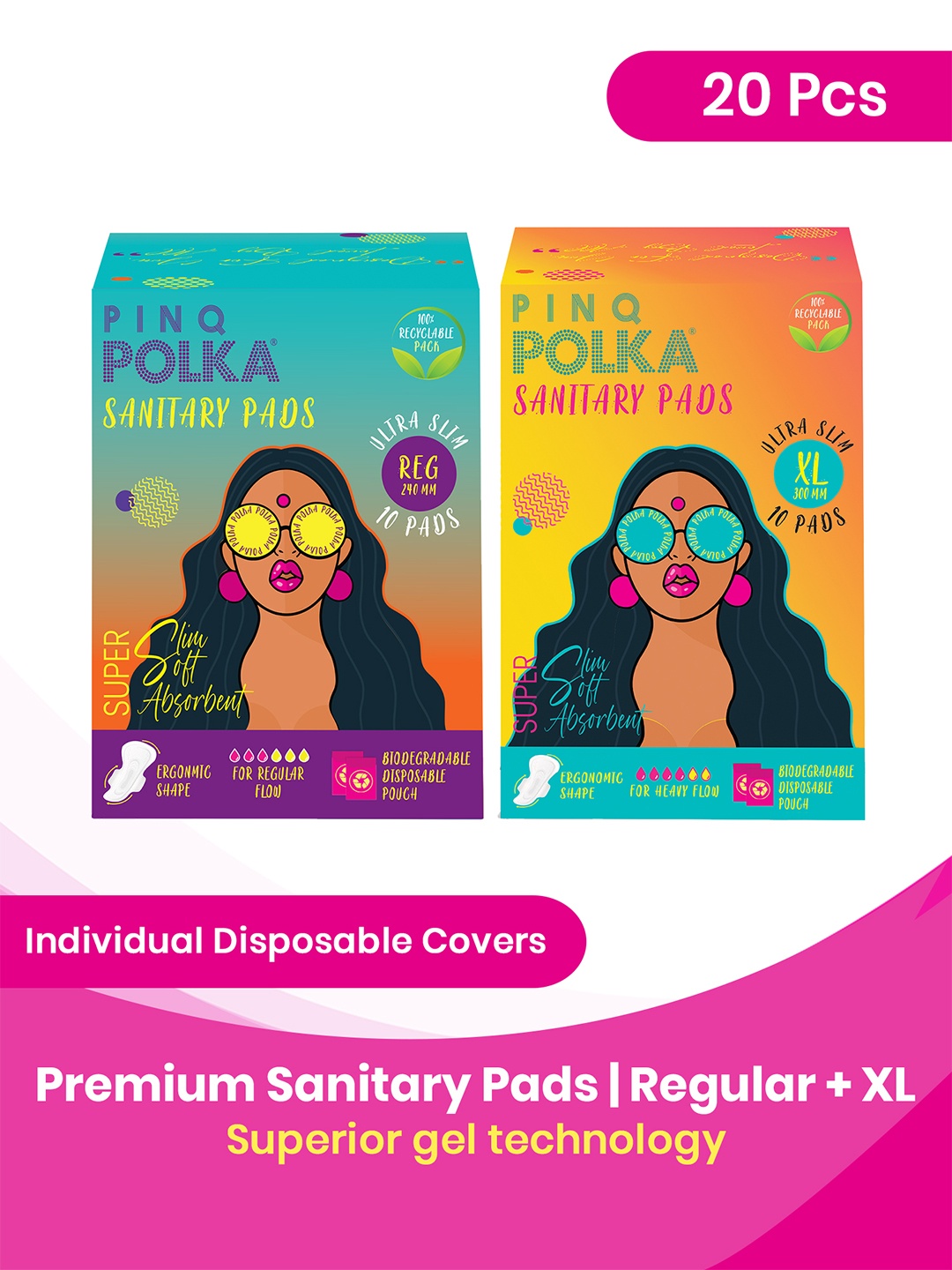 

PINQ POLKA Premium Organic Ultra Thin Regular & XL Sanitary Pads - 10 Pcs Each, White