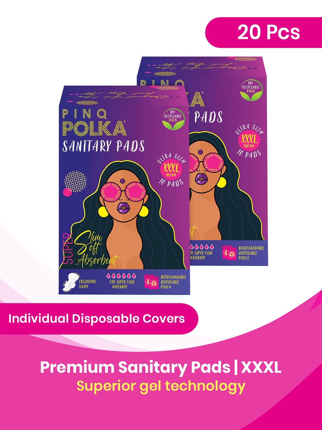 

PINQ POLKA Set of 2 Premium Organic Ultra Cotton Feel XXXL Sanitary Pads, Purple