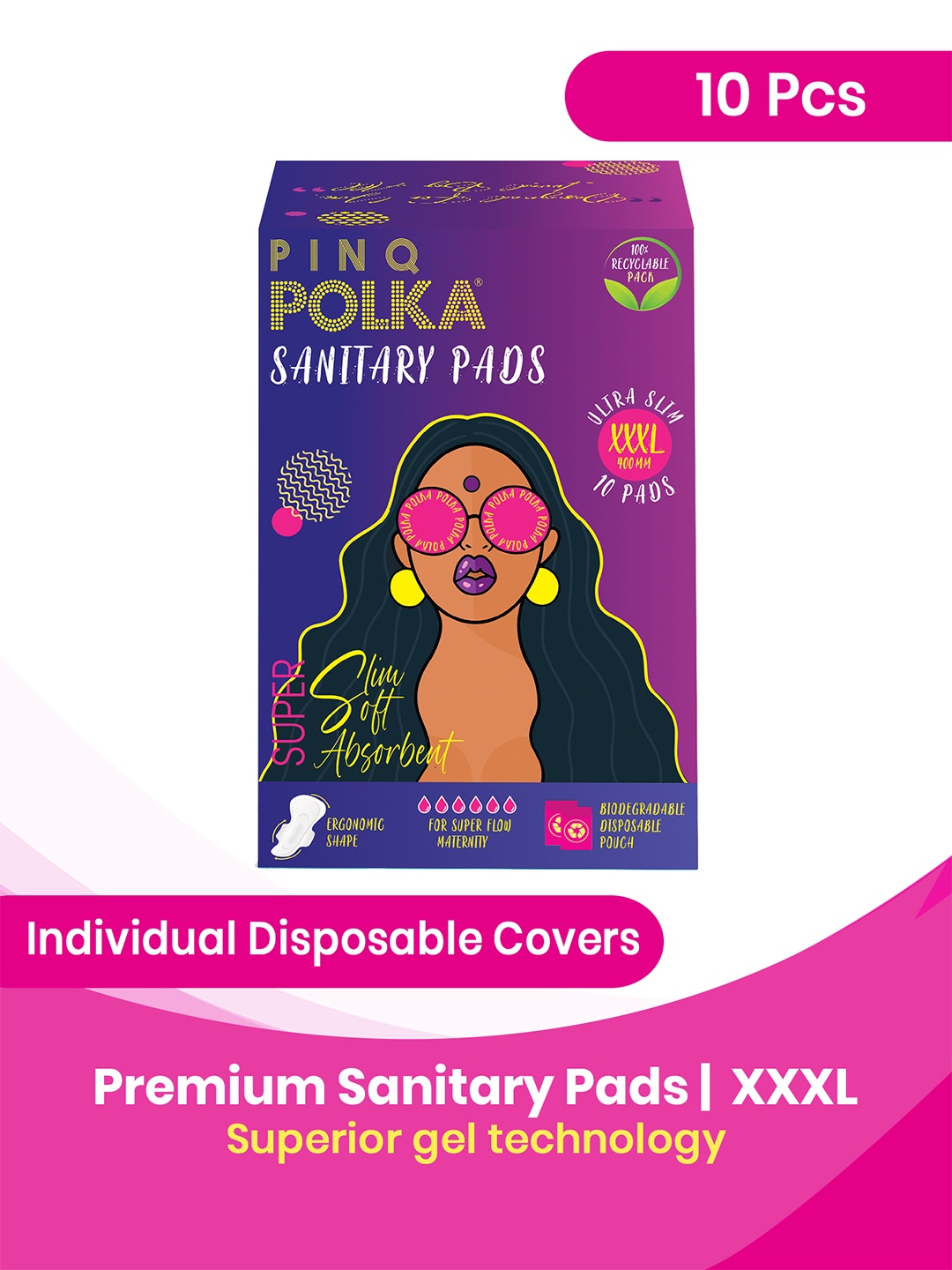 

PINQ POLKA Premium Organic Ultra Cotton Feel XXXL Sanitary Pads - 10 Pcs, White