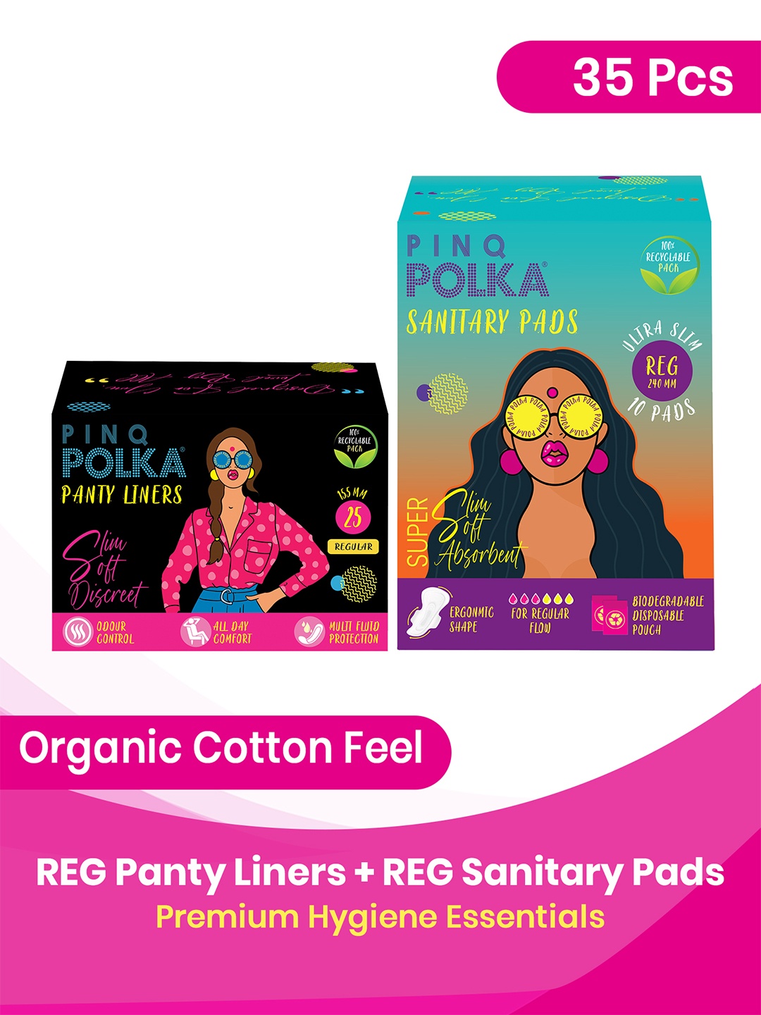 

PINQ POLKA Set of 2 Premium Organic Regular Pantyliners & Sanitary Napkins, White