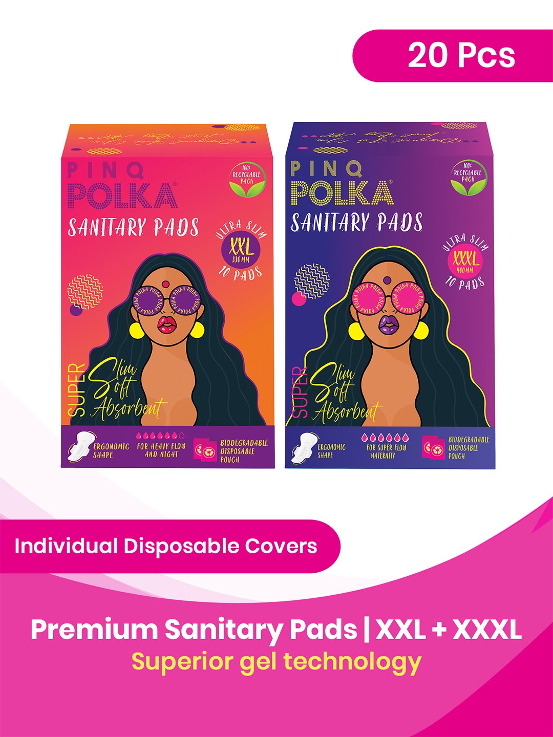 

PINQ POLKA Set of 2 Premium Organic Ultra Cotton Feel XXL & XXXL Sanitary Pads-10 Pcs Each, White