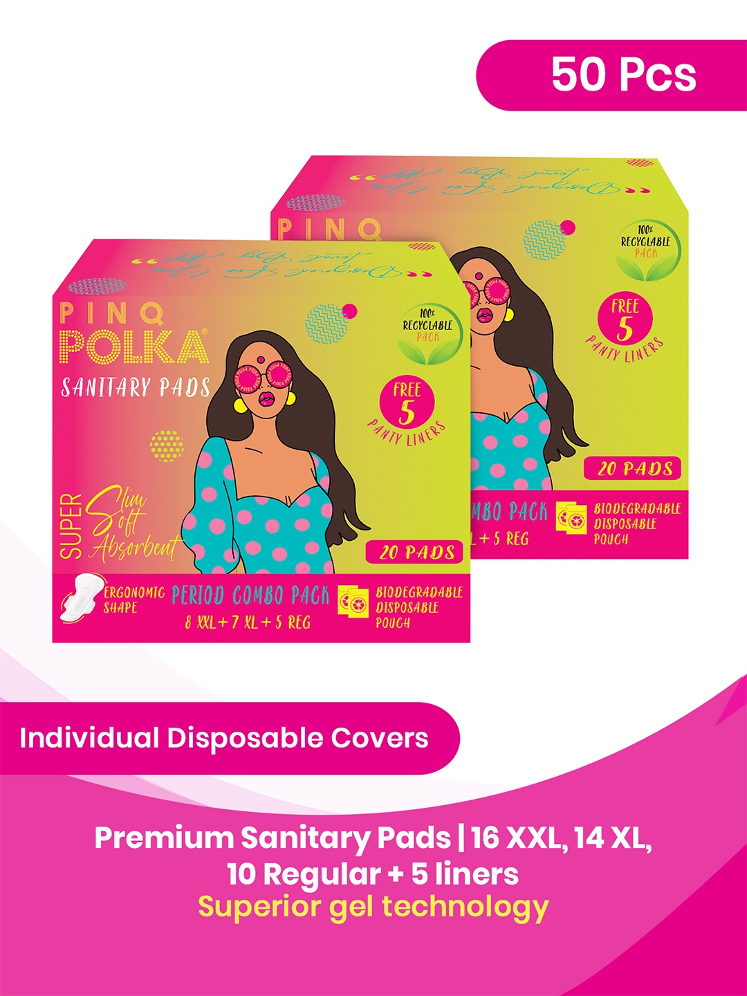 

PINQ Polka Period Combo Pack Sanitary Pads - 50Pcs, White