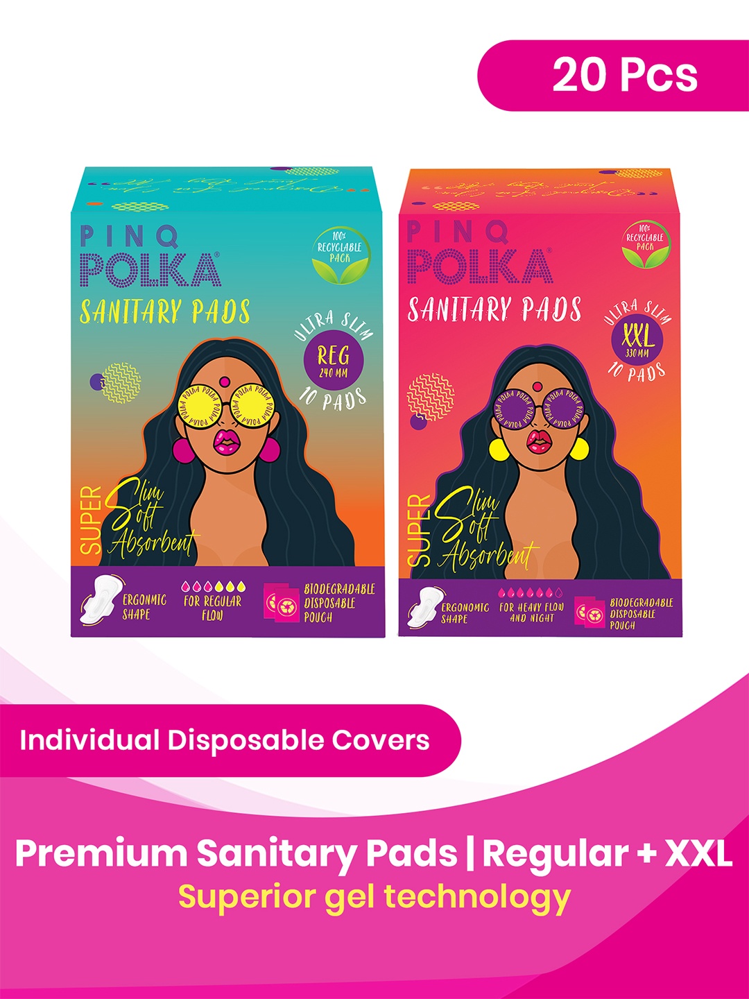

PINQ POLKA Premium Organic Ultra Thin Regular & XXL Sanitary Pads Ultra - 10 Pcs Each, White
