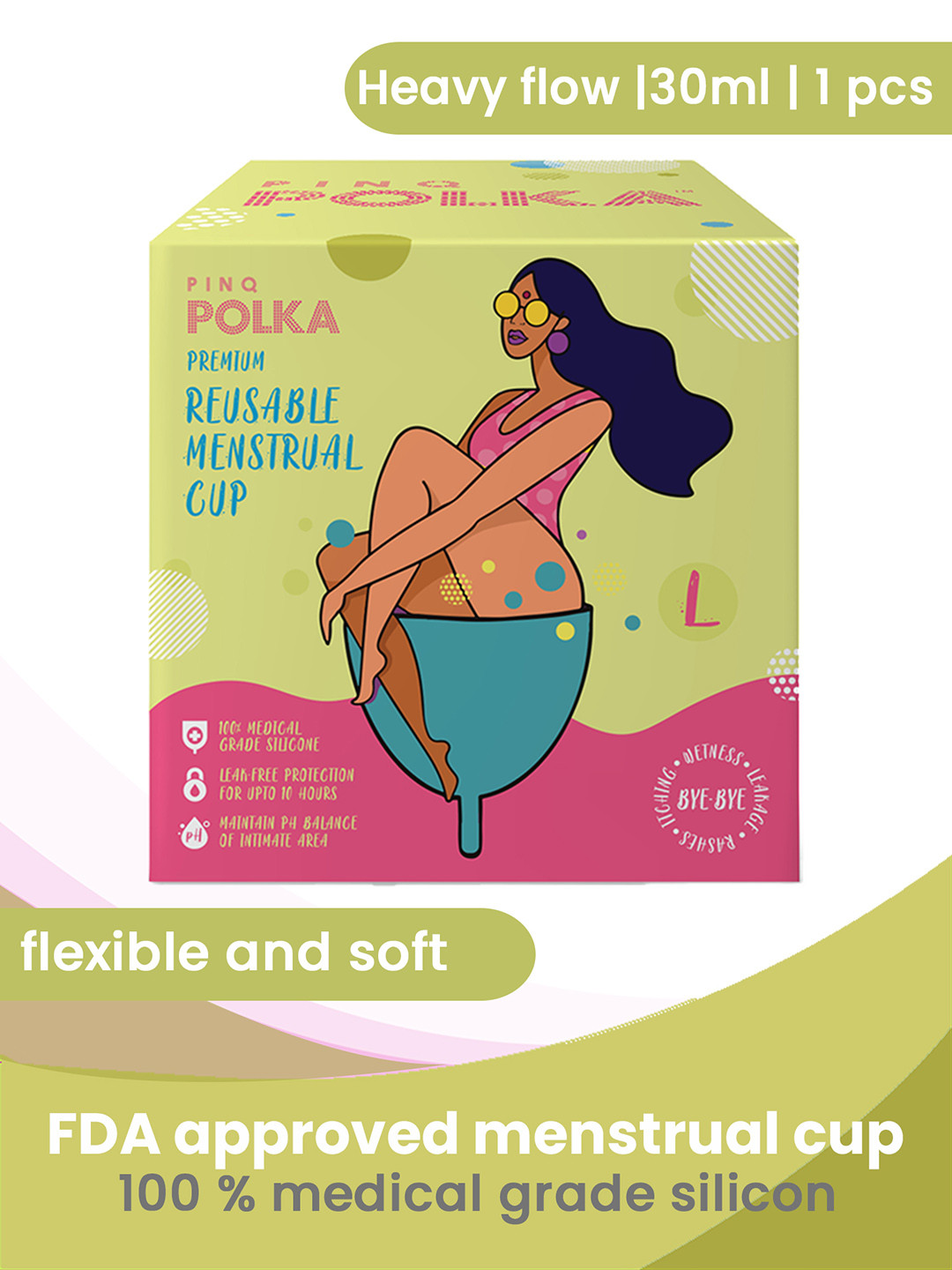 

PINQ Polka PINQ 100% Medical Grade Silicone Reusable Menstrual Cup 30 ml - Size L, White