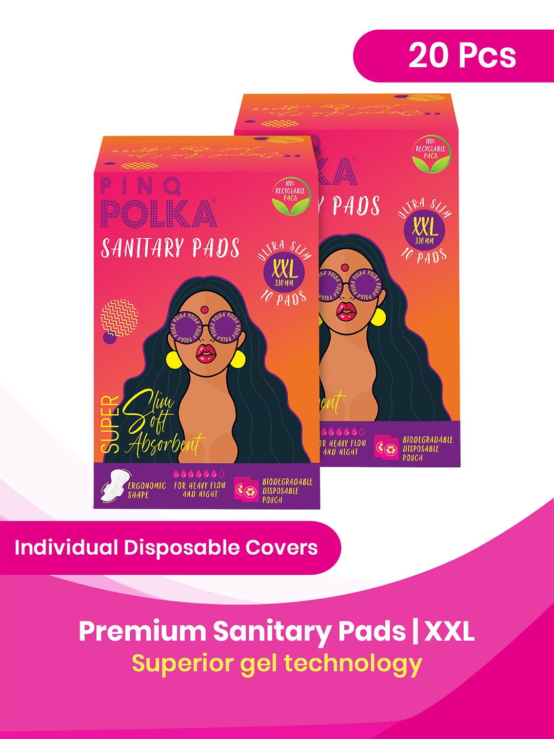 

PINQ POLKA Set of 2 Premium Ultra Cotton Feel Sanitary Pads - XXL - 10 Pcs each, Pink