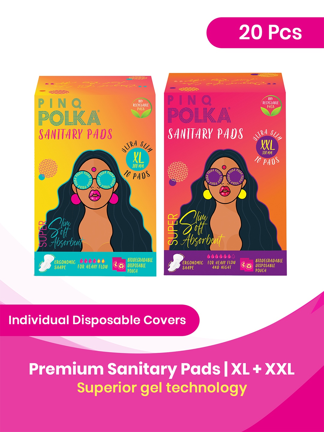 

PINQ POLKA Set of 2 Premium Organic Ultra Thin XXL & XL Sanitary Pads - 10 Pcs Each, White