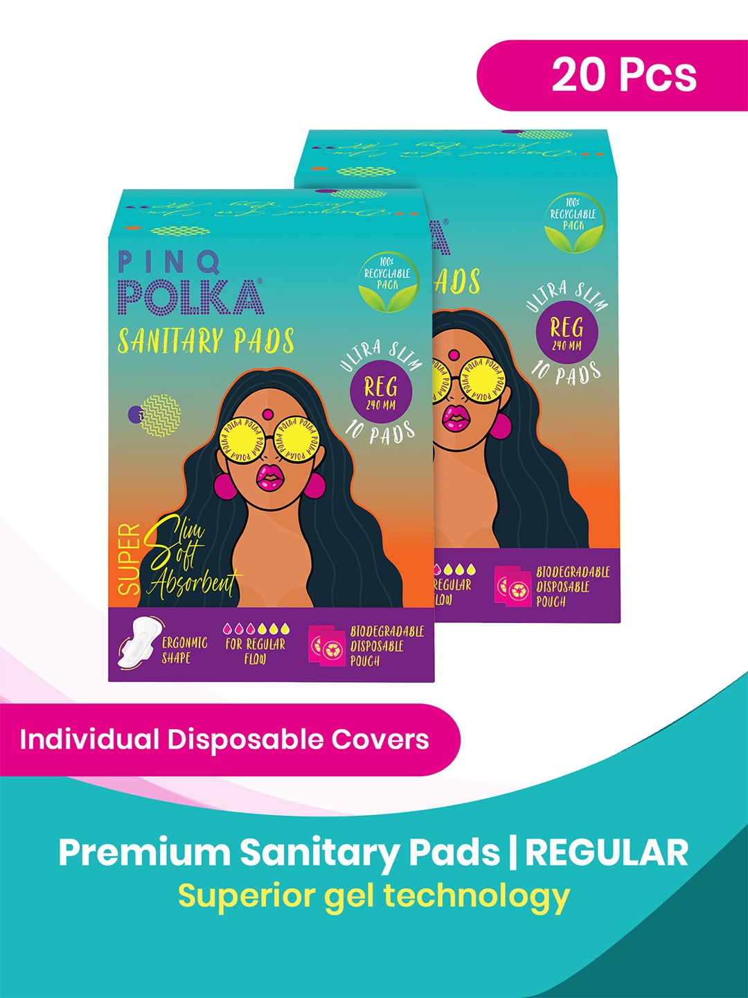 

PINQ POLKA Set of 2 Premium Organic Regular Sanitary Pads, White