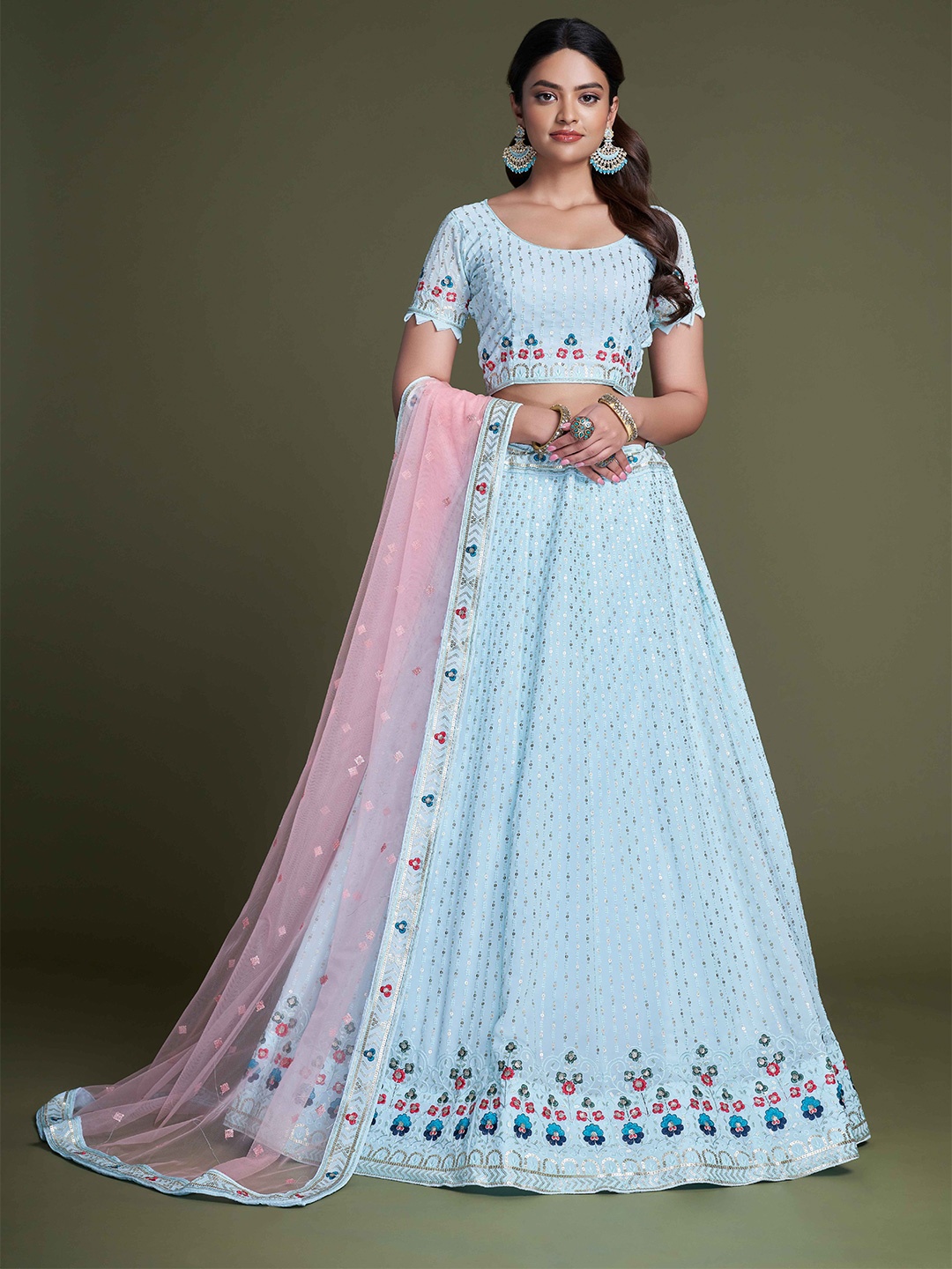 

Ekta Textiles Embroidered Sequinned Semi-Stitched Lehenga & Unstitched Blouse With Dupatta, Turquoise blue