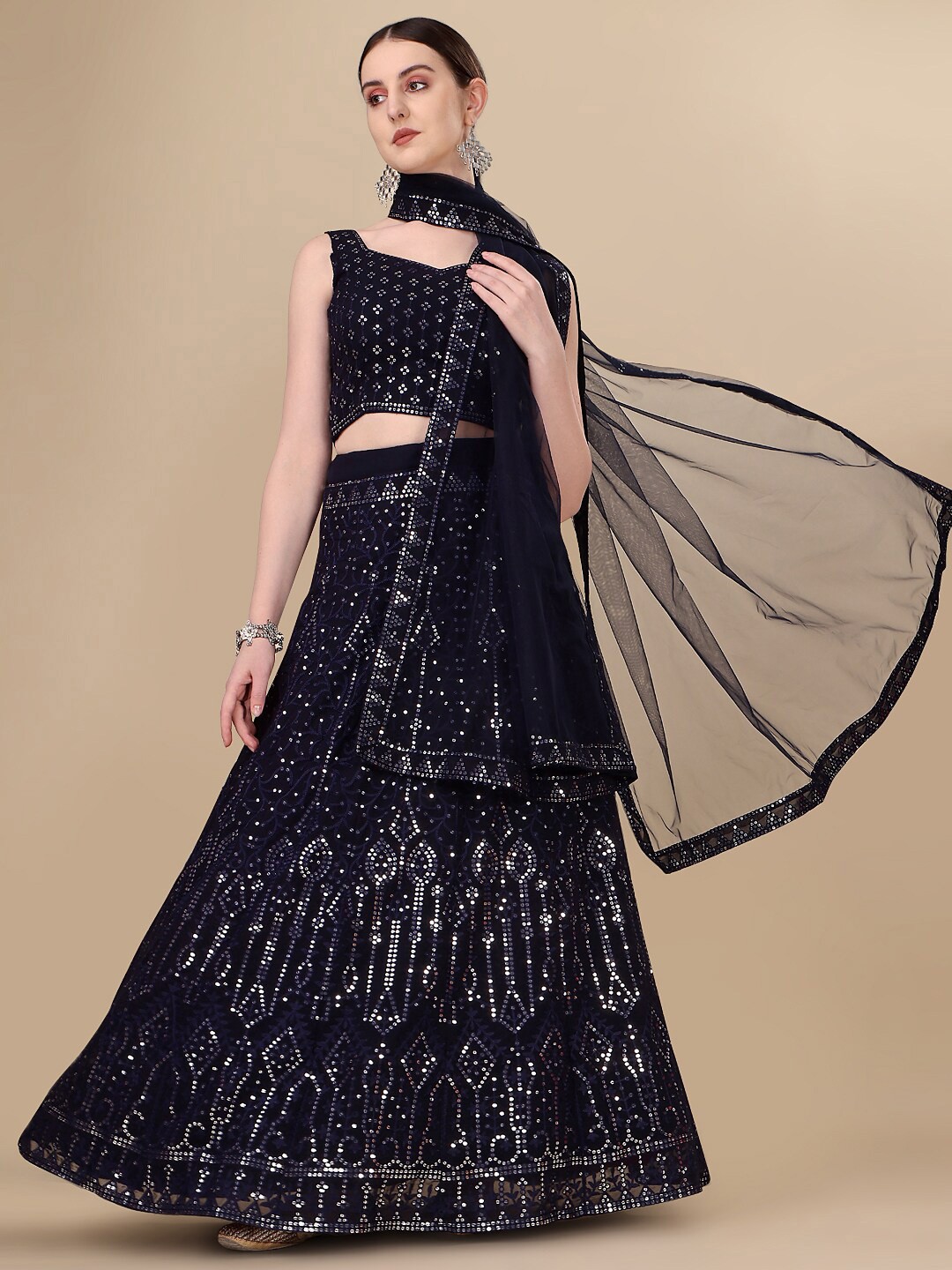 

Ekta Textiles Embroidered Semi-Stitched Lehenga & Unstitched Blouse With Dupatta, Black