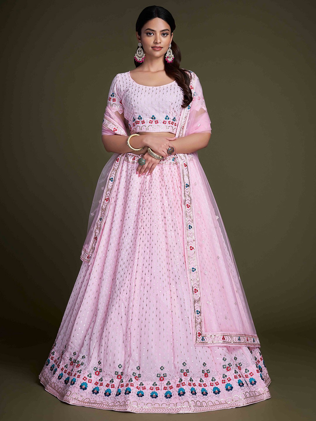 

Ekta Textiles Embroidered Semi-Stitched Lehenga & Unstitched Blouse With Dupatta, Pink