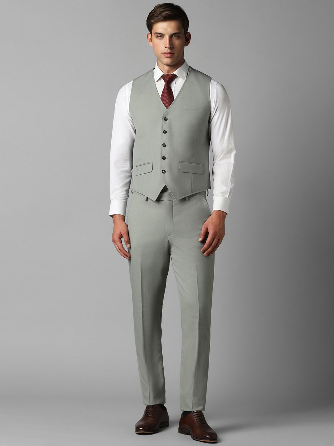 

Louis Philippe Slim Fit Single-Breasted Textured Formal Three Piece Suit, Green