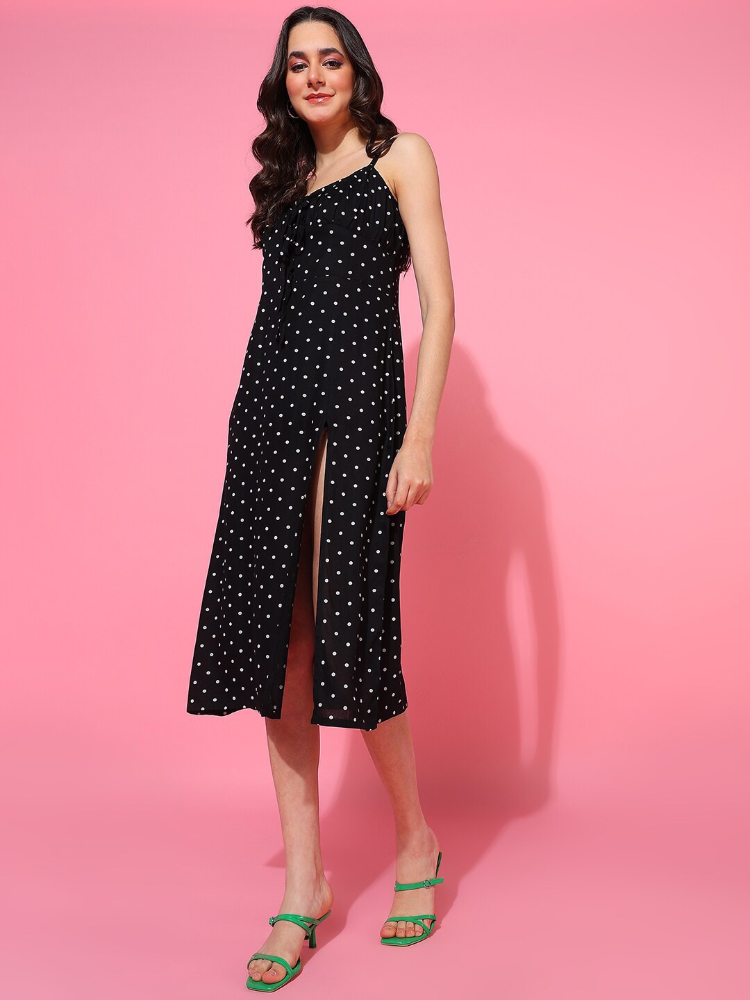 

The Roadster Lifestyle Co. Black Polka Dot Printed Shoulder Straps A-Line Midi Dress