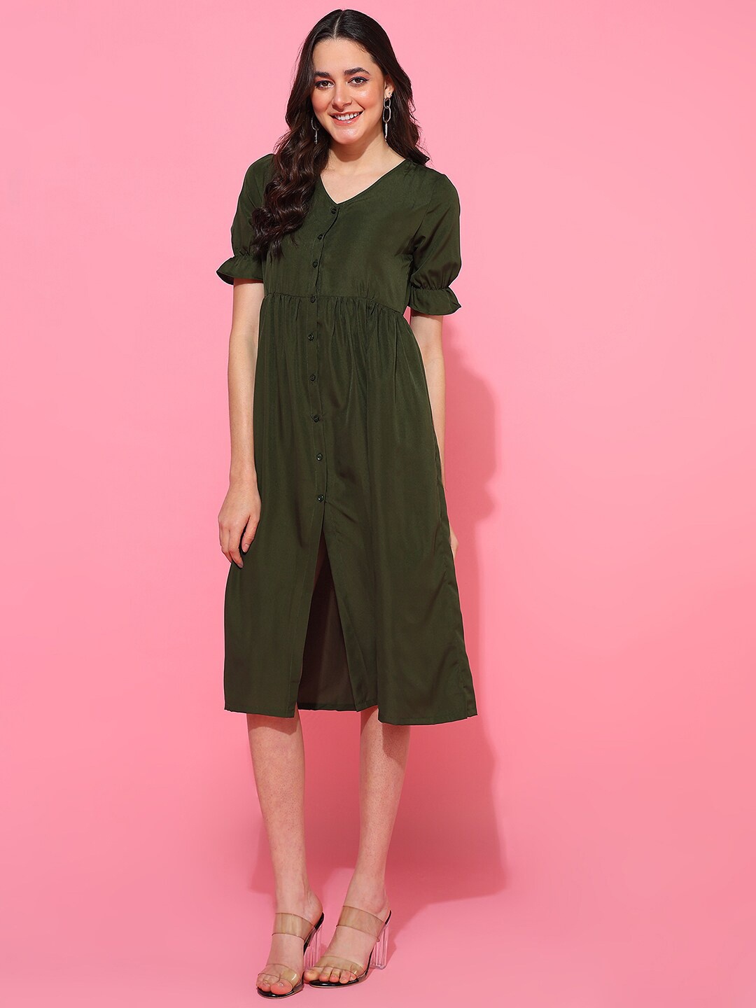 

The Roadster Lifestyle Co. V-Neck Fit & Flare Dress, Olive