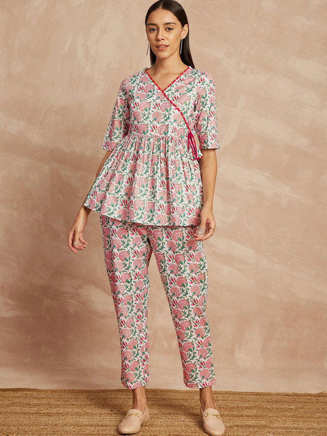 

all about you Floral Printed Angrakha Pure Cotton Kurti with Trousers, White