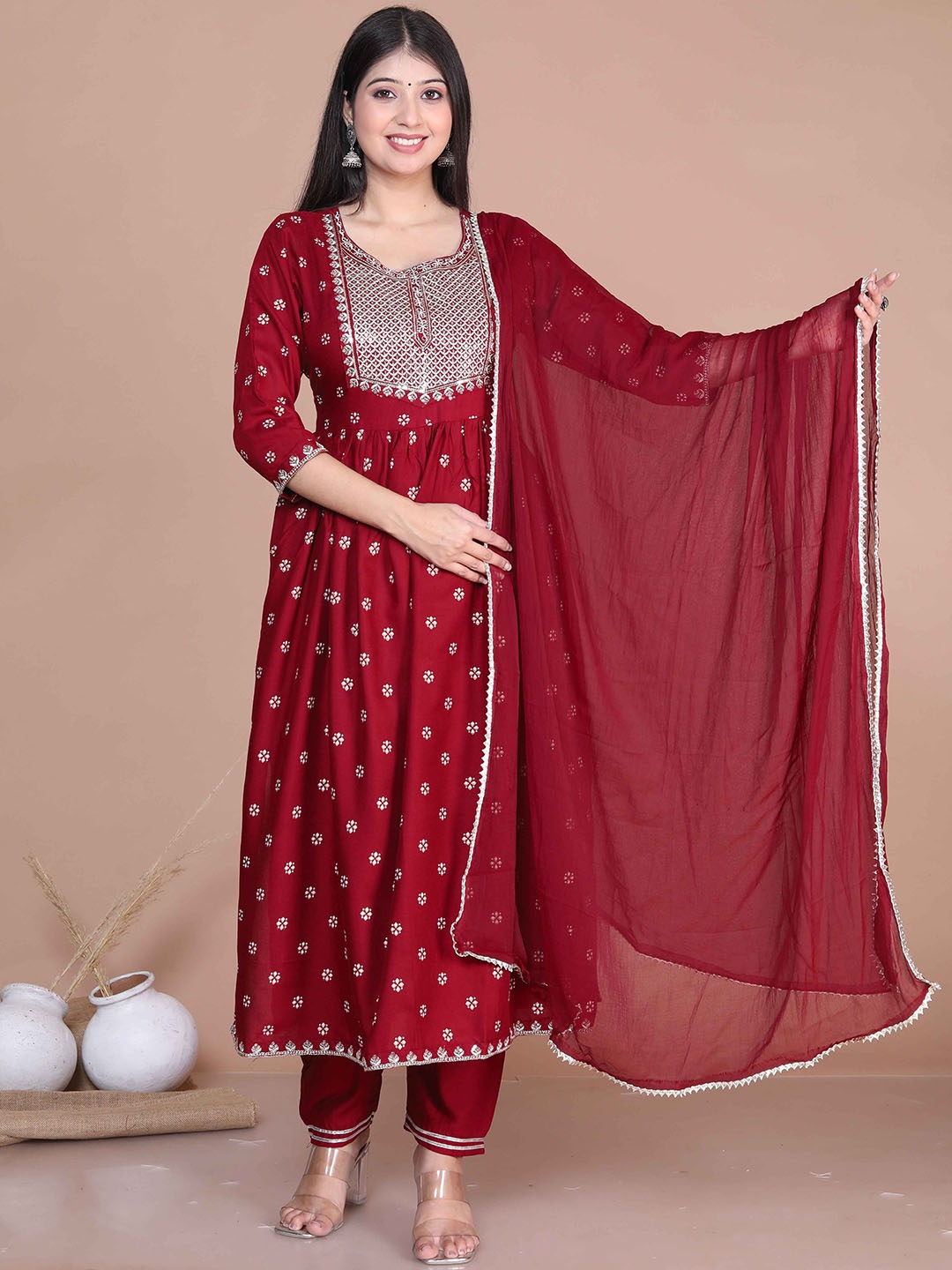 

Miravan Floral Printed Emballished Pakistani Nayra Kurta With Trouser & Dupatta, Red