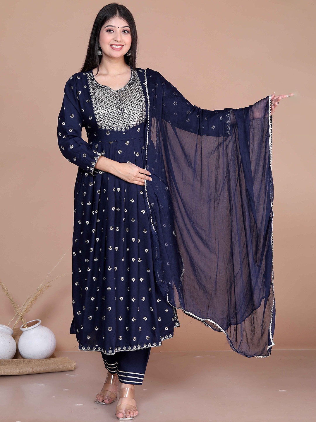 

MIRAVAN Floral Embroidered Gotta Patti Kurta With Trouser & Dupatta, Navy blue