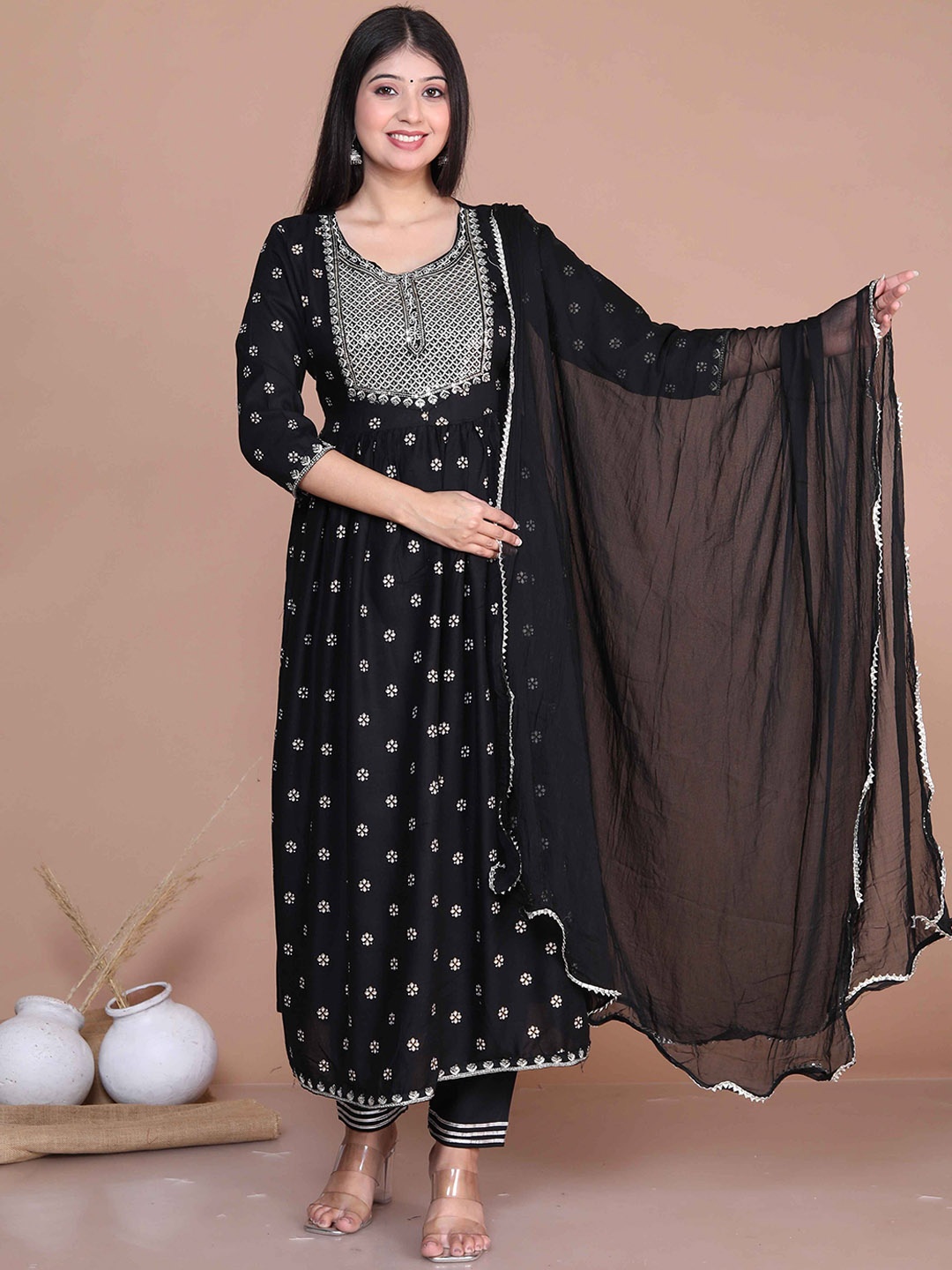

MIRAVAN Floral Printed Thread Work & Sequinned Kurta With Trouser & Dupatta, Black