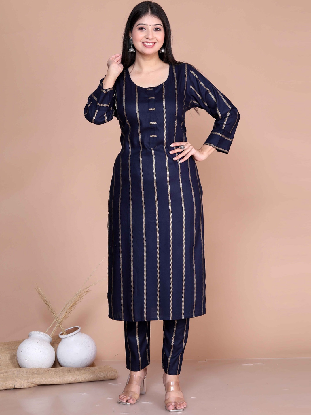

MIRAVAN Striped Pakistani Style Kurta with Trouser, Navy blue