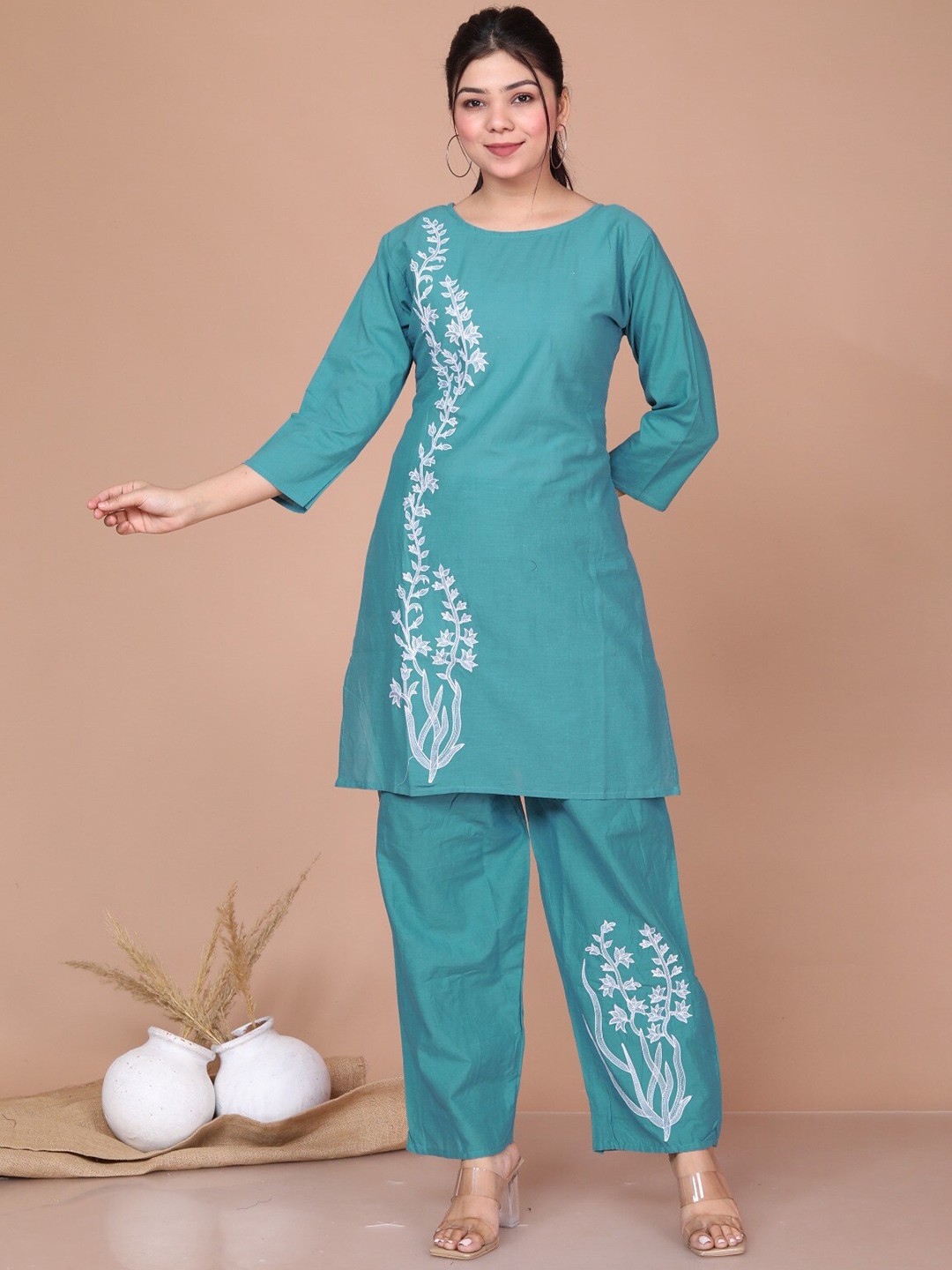 

MIRAVAN Floral Embroidered Pure Cotton Pakistani Top With Palazzo, Green