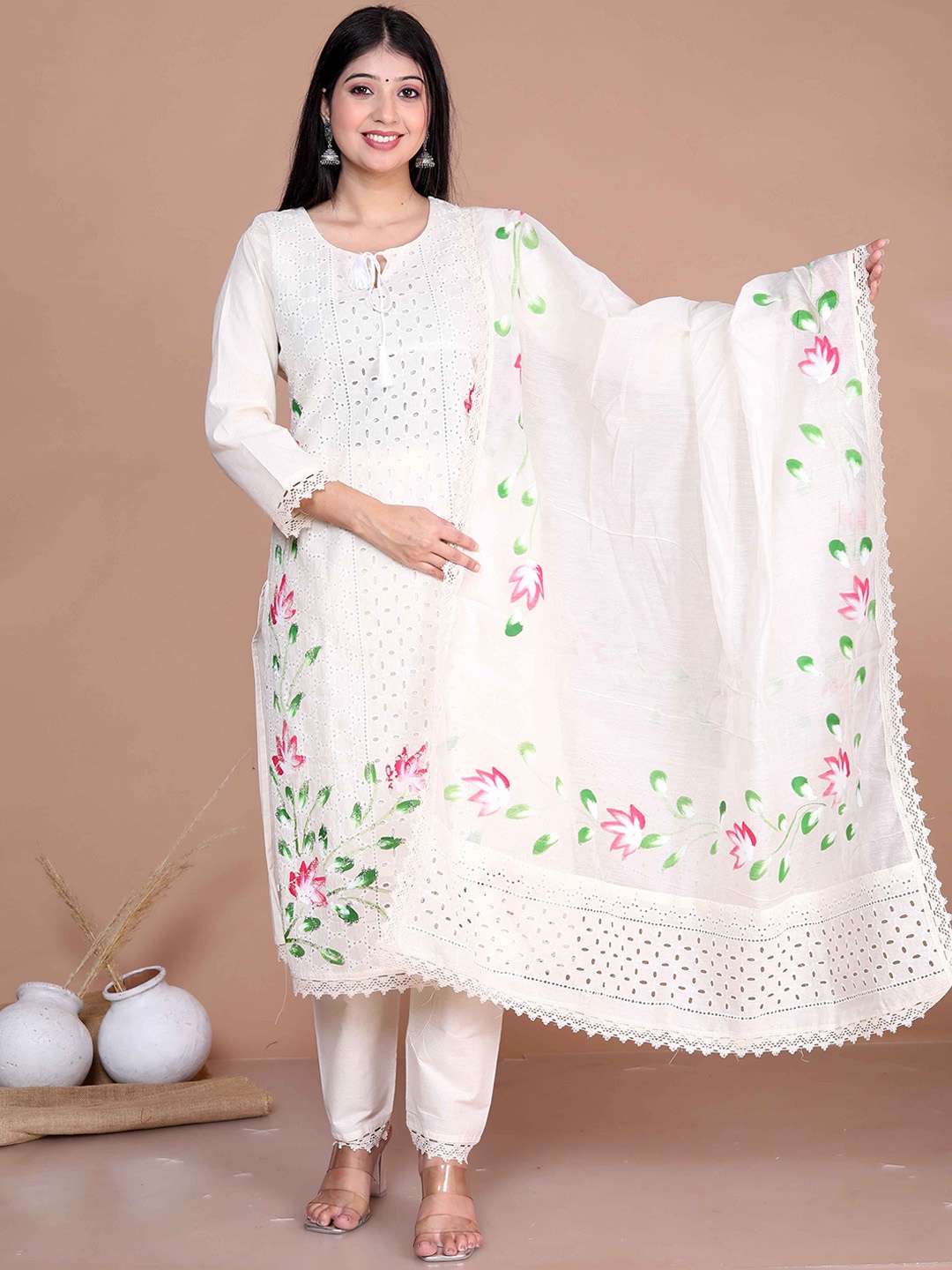 

MIRAVAN Floral Printed Regular Cotton Kurta With Trousers & Dupatta, Off white