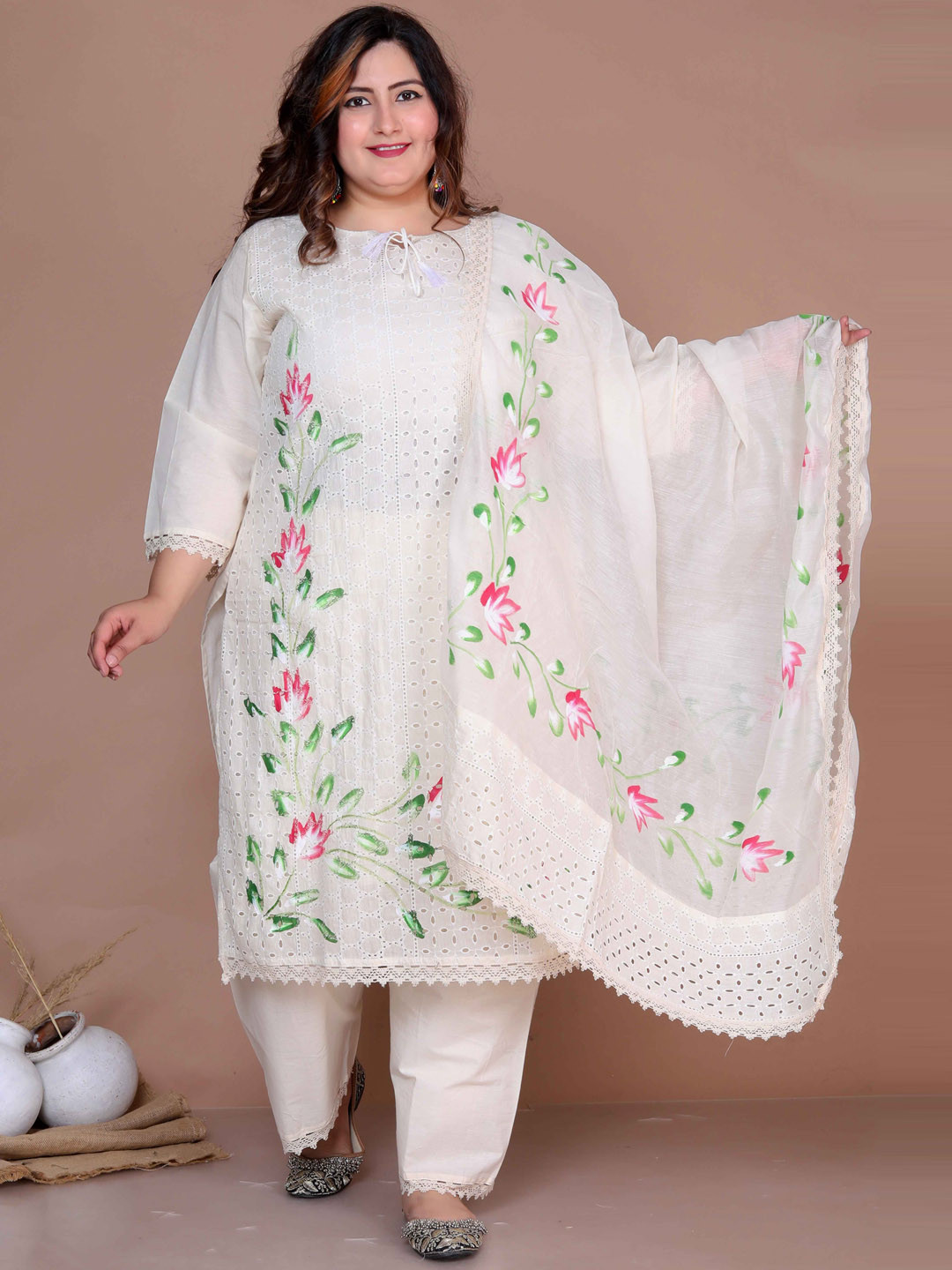 

MIRAVAN Plus Size Floral Printed Cotton Pakistani Kurta With Palazzo & Dupatta, Off white