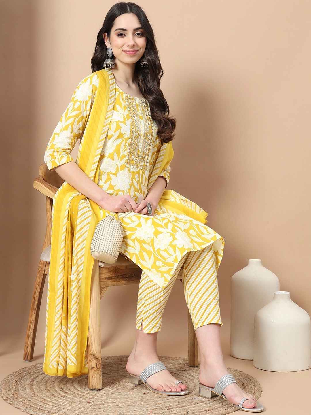 

Yufta Floral Printed Thread Work & Mirror Detail Pure Cotton Kurta With Trousers & Dupatta, Yellow