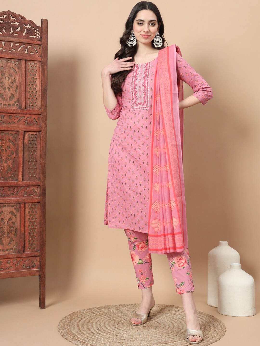 

Yufta Ethnic Motifs Printed Thread Work Pure Cotton Kurta With Trousers & Dupatta, Pink