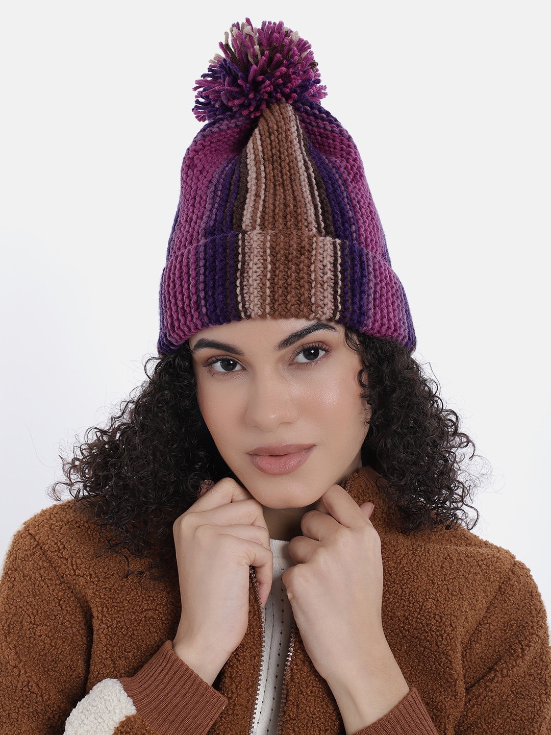 

Magic Needles Women Vertical Striped Knitted Beanie with Pompom, Multi