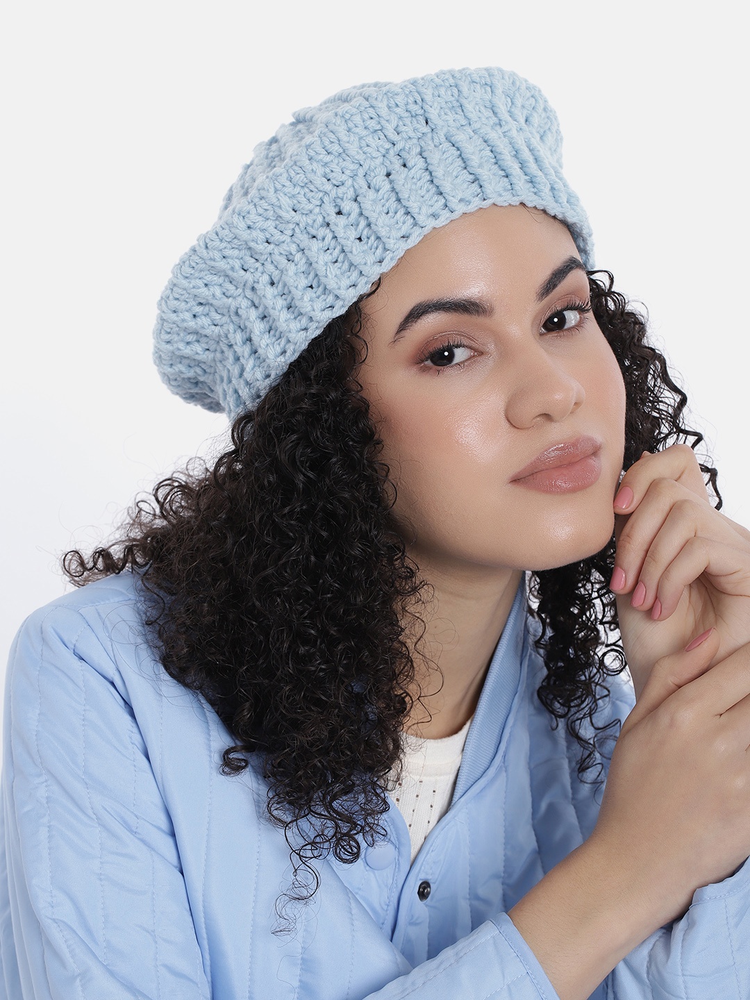 

Magic Needles Women Self Design Beret Hat, Turquoise blue