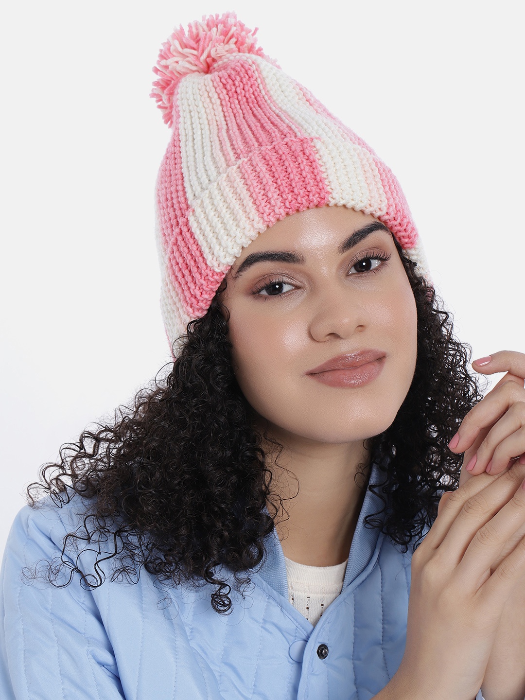 

Magic Needles Women Vertical Striped Knitted Beanie with Pompom, White
