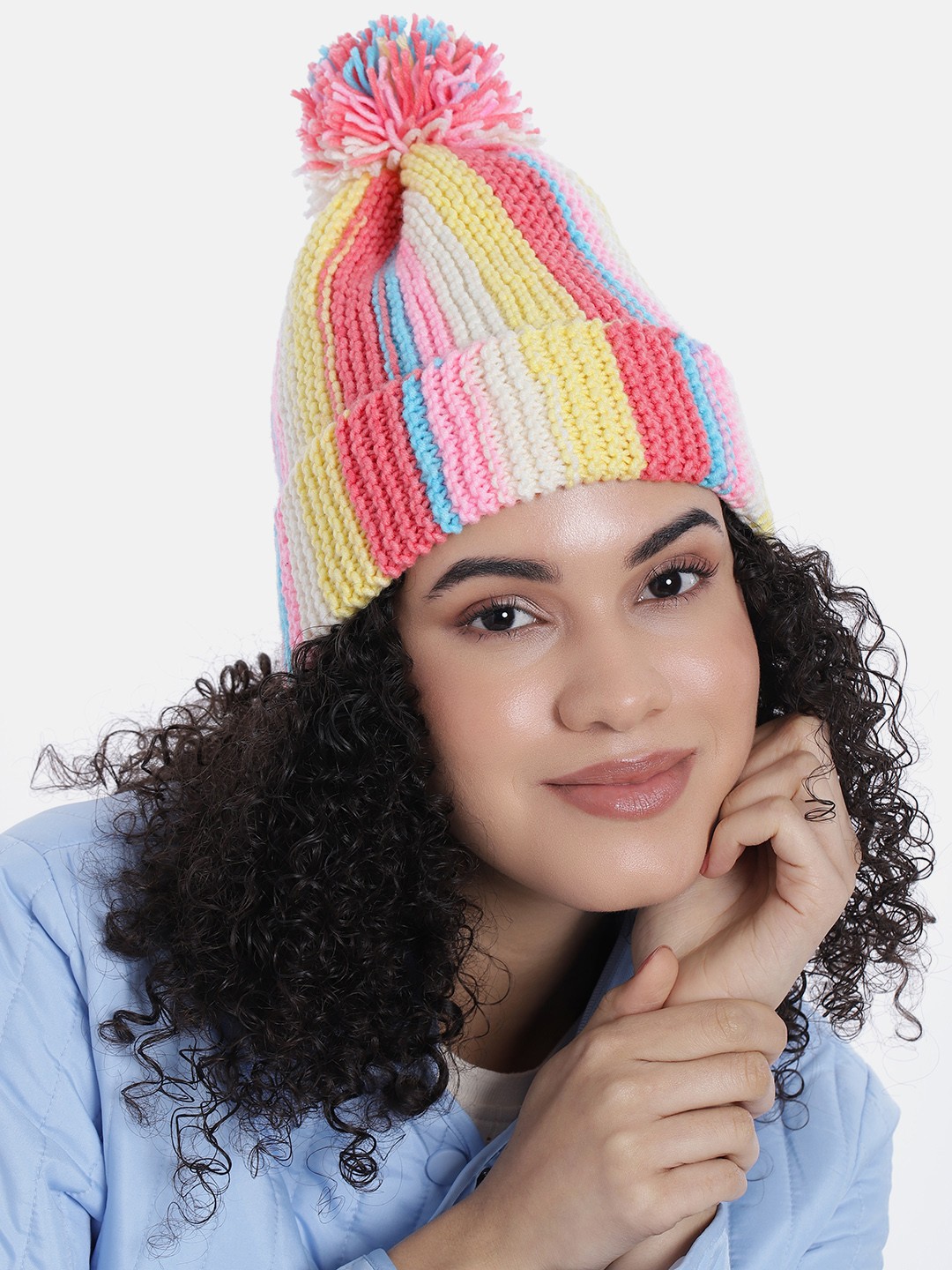 

Magic Needles Women Vertical Striped Knitted Beanie with Pompom, Multi