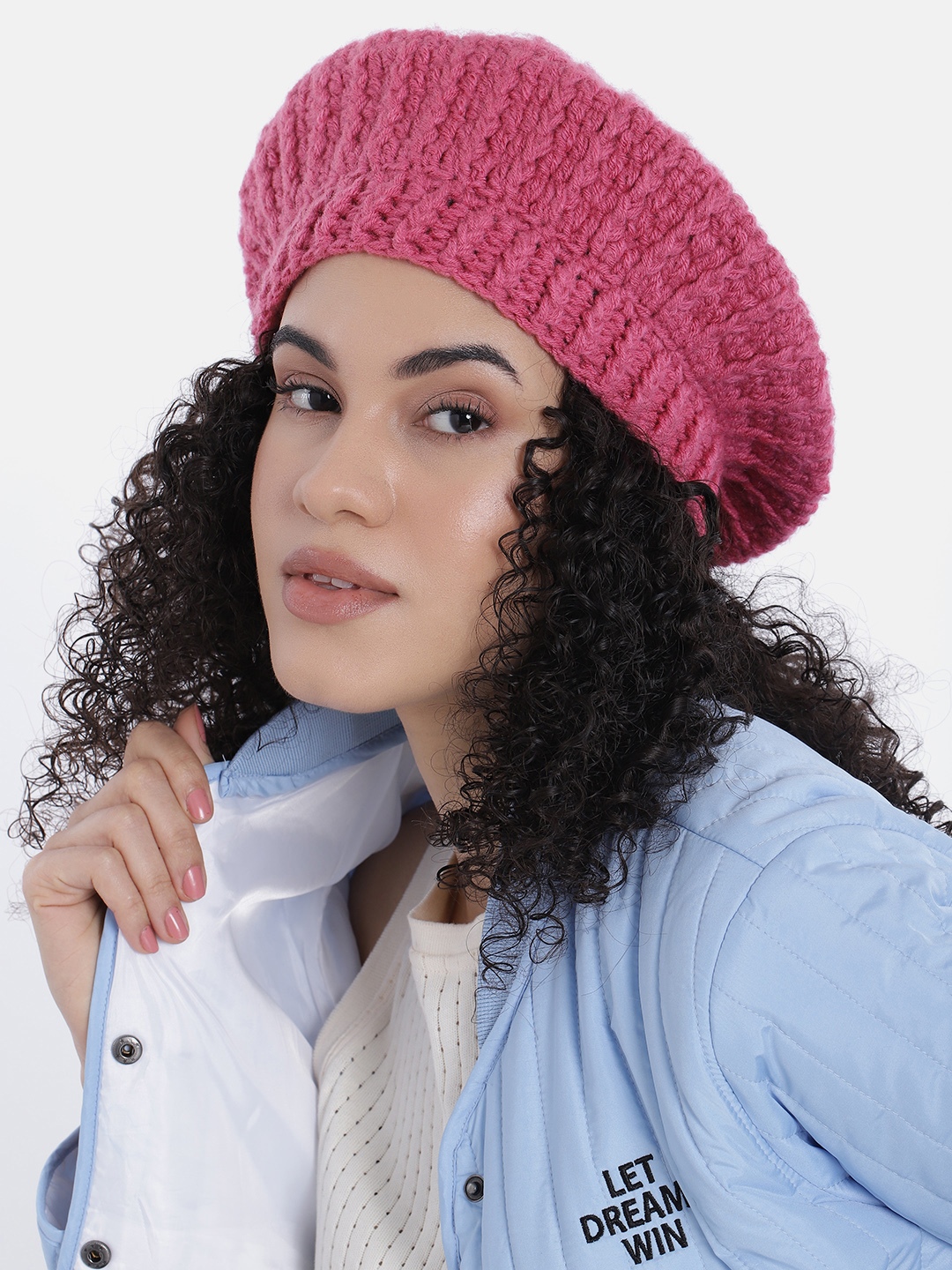 

Magic Needles Women Self Design Beret Hat, Pink