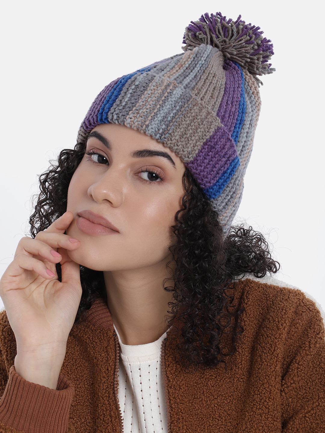 

Magic Needles Women Vertical Striped Knitted Beanie with Pompom, Multi