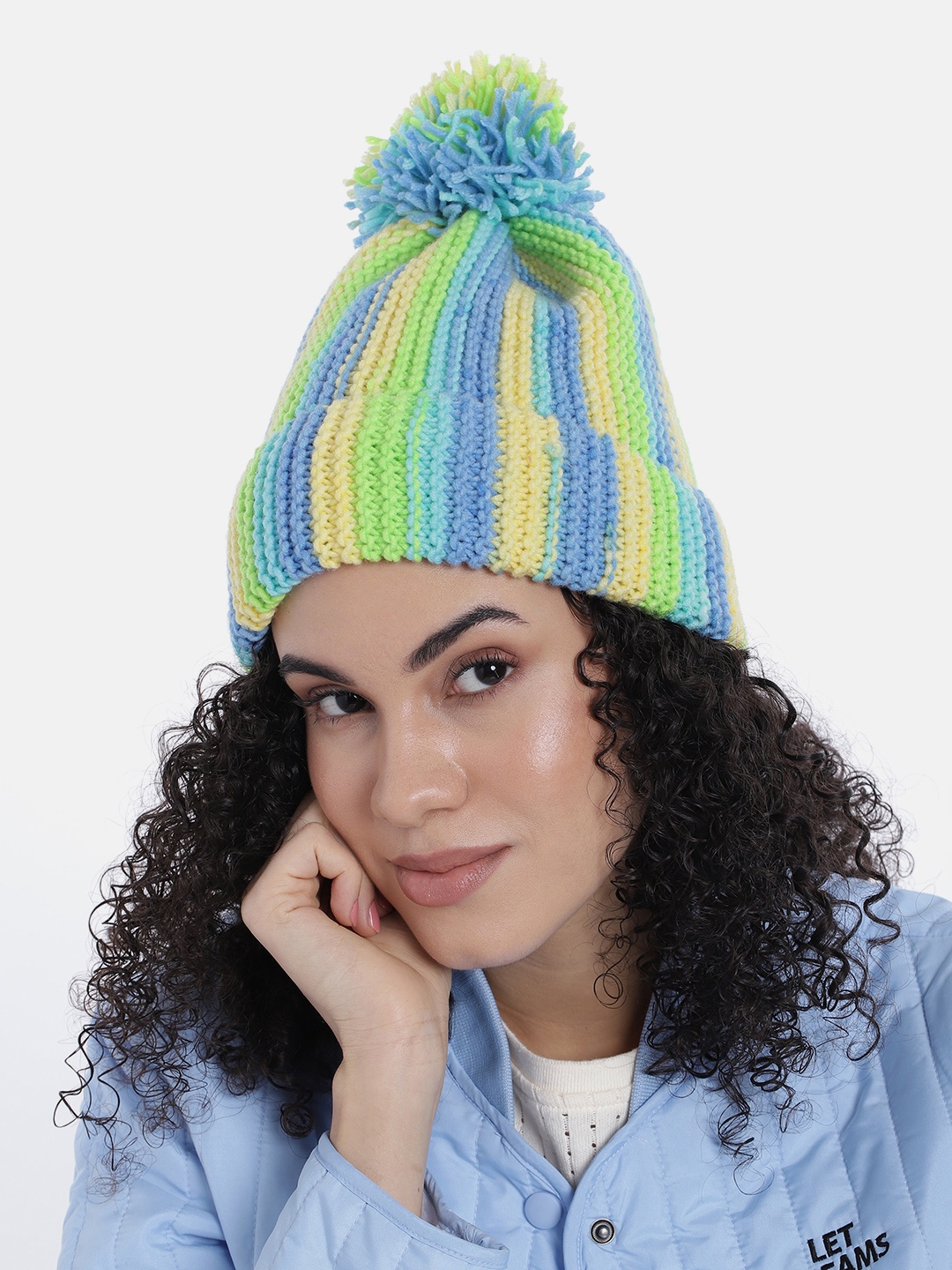 

Magic Needles Women Vertical Striped Knitted Beanie with Pompom, Blue