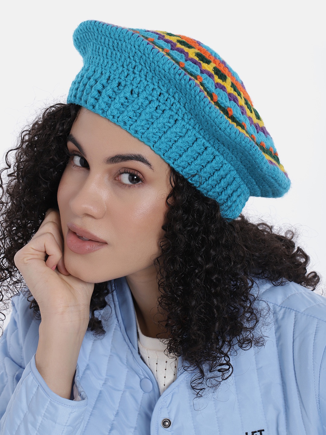 

Magic Needles Women Self Design Beret Cap, Turquoise blue