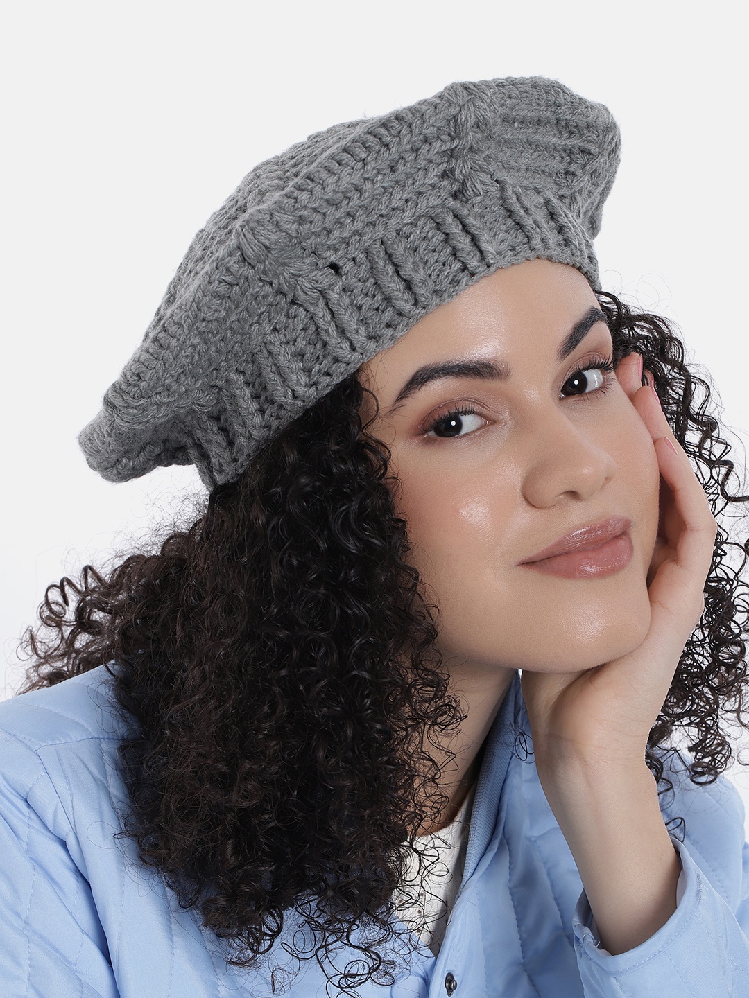 

Magic Needles Women Self Design Beret Hat, Grey